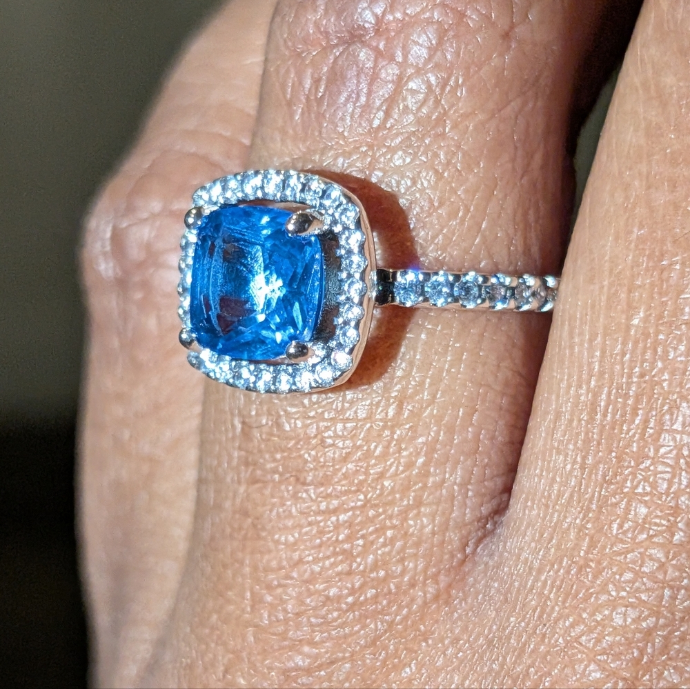 Blue Sapphire 925 Silver Halo Ring with Diamond Accents Sz 6